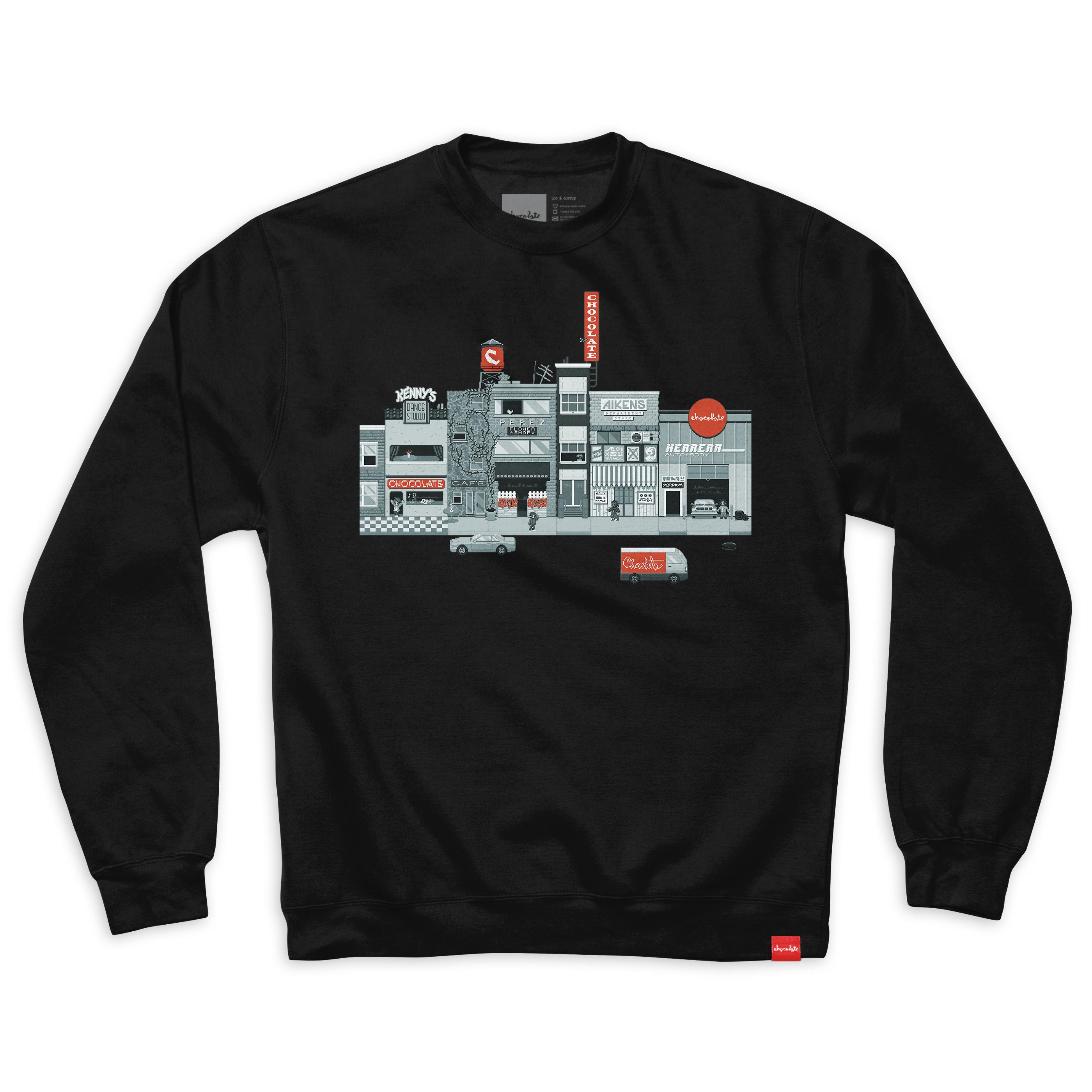 Chocolate Pixel City Crew Fleece Black.png